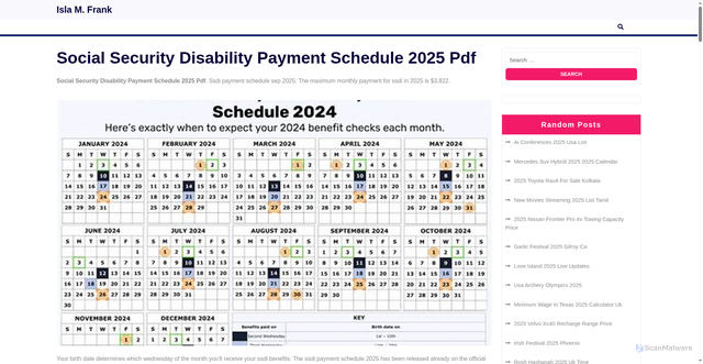 Security scan screenshot of https://islamfrank.pages.dev/guujp-social-security-disability-payment-schedule-2025-pdf-lwilg/