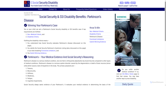 Security scan screenshot of https://socialsecuritydisability.lawyertestsite.com/parkinsons-social-security-disability-benefits.html