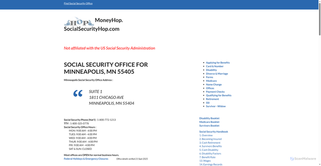 Security scan screenshot of https://moneyhop.socialsecurityhop.com/offices/social-security-office-minneapolis-mn-55405-minnesota