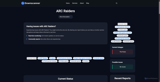 Security scan screenshot of https://downscanner.com/status/arc-raiders
