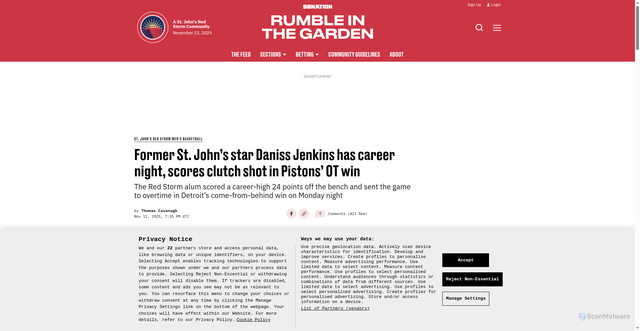 Security scan screenshot of https://www.rumbleinthegarden.com/st-johns-red-storm-mens-basketball/14826/former-st-johns-star-daniss-jenkins-has-career-night-scores-clutch-shot-in-pistons-ot-win