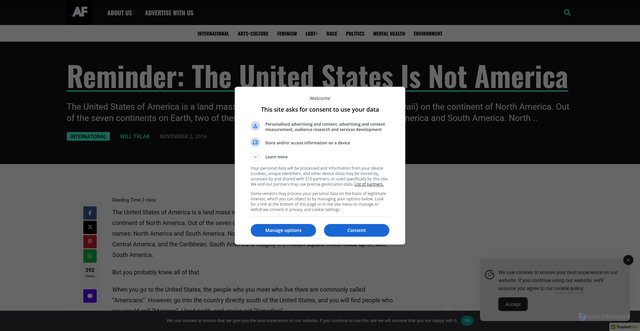 Security scan screenshot of https://affinitymagazine.us/2016/11/02/reminder-the-united-states-is-not-america/