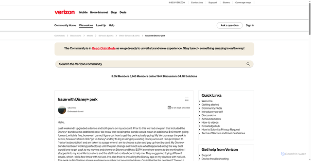 Security scan screenshot of https://community.verizon.com/t5/Other-Services-perks/Issue-with-Disney-perk/td-p/1829133