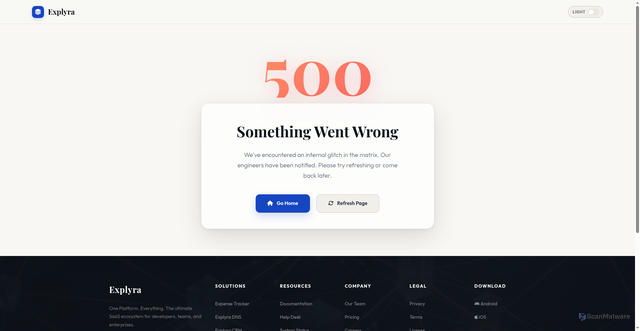 Security scan screenshot of https://explyra-ulxj451fol.edgeone.app/500.html