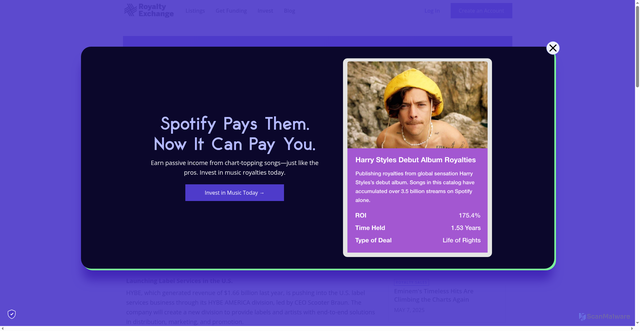 Security scan screenshot of https://royaltyexchange.com/blog/hybe-the-company-behind-bts-and-seventeen-enters-us-with-newly-initiated-label-services-business