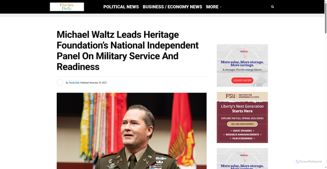 Security scan screenshot of https://floridadaily.com/michael-waltz-leads-heritage-foundations-national-independent-panel-on-military-service-and-readiness/
