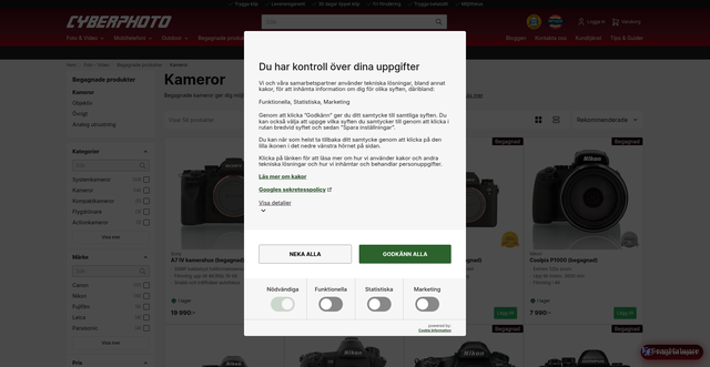 Security scan screenshot of https://www.cyberphoto.se/foto-video/begagnade-produkter/begagnade-kameror