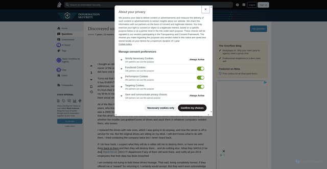 Security scan screenshot of https://security.stackexchange.com/questions/198320/discovered-someone-elses-huge-data-breach-what-should-i-do
