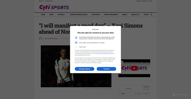 Security scan screenshot of https://citisportsonline.com/2025/11/i-will-manifest-a-good-day-xavi-simons-ahead-of-north-london-derby/