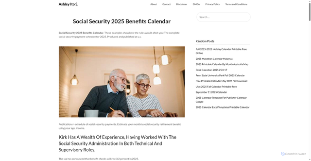 Security scan screenshot of https://ashleyitos.pages.dev/ftmw-social-security-2025-benefits-calendar-dahln/
