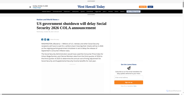 Security scan screenshot of https://www.westhawaiitoday.com/2025/10/08/nation-world-news/us-government-shutdown-will-delay-social-security-2026-cola-announcement/
