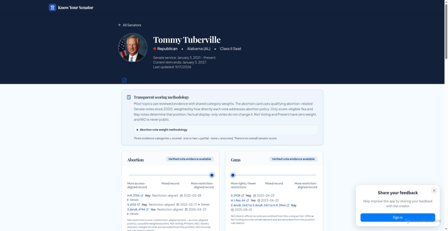 Security scan screenshot of https://knowyourssenator.org/senators/tommy-tuberville/