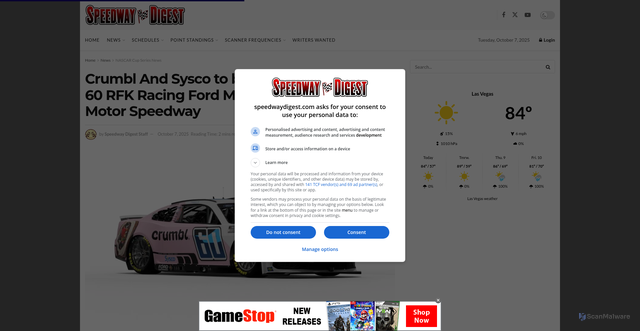 Security scan screenshot of https://speedwaydigest.com/index.php/news/nascar-cup-series-news/608445-crumbl-and-sysco-to-be-featured-on-the-no-60-rfk-racing-ford-mustang-at-las-vegas-motor-speedway/
