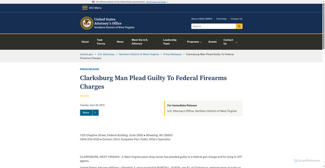 Security scan screenshot of https://www.justice.gov/usao-ndwv/pr/clarksburg-man-plead-guilty-federal-firearms-charges