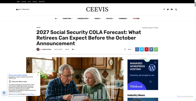 Security scan screenshot of https://hub.cnetworks.info/2027-social-security-cola-forecast/