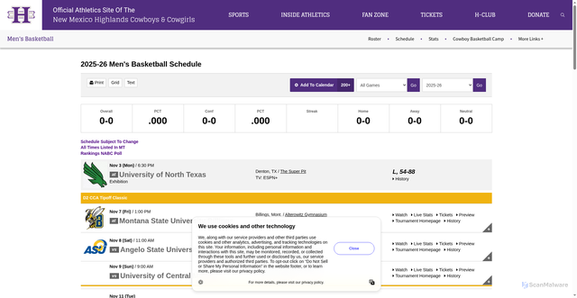 Security scan screenshot of https://nmhuathletics.com/sports/mens-basketball/schedule/2025-26