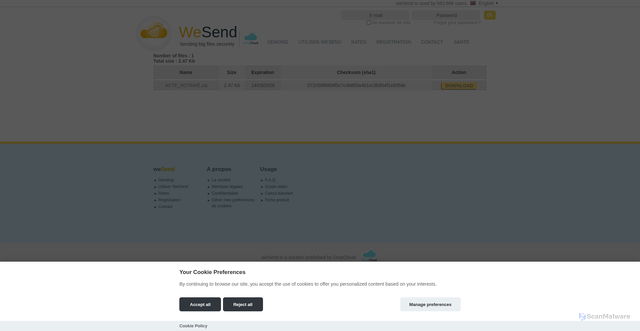 Security scan screenshot of https://www2.wesend.com/redirect?p=xarkr44421