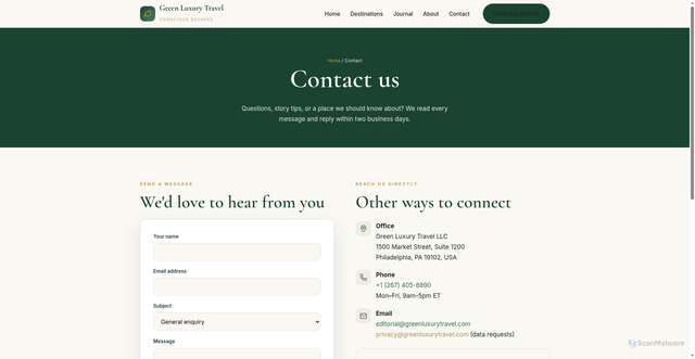 Security scan screenshot of https://greenluxurytravel.pages.dev/contact