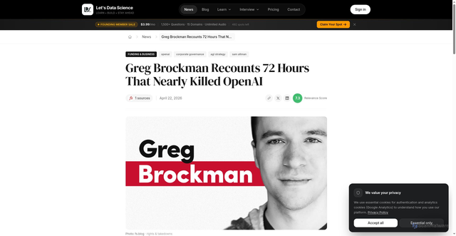 Security scan screenshot of https://letsdatascience.com/news/greg-brockman-recounts-72-hours-that-nearly-killed-openai-09163dba