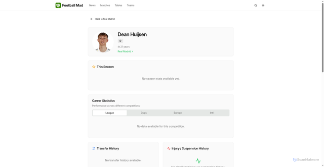 Security scan screenshot of https://www.footballmad.co.uk/players/dean-huijsen