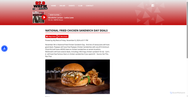 Security scan screenshot of https://www.929wbpm.com/blogs/daily-stories/post/national-fried-chicken-sandwich-day-deals/