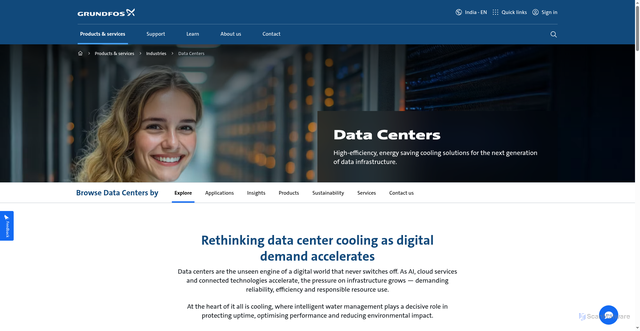 Security scan screenshot of https://product-selection.grundfos.com/in/industries/data-centers