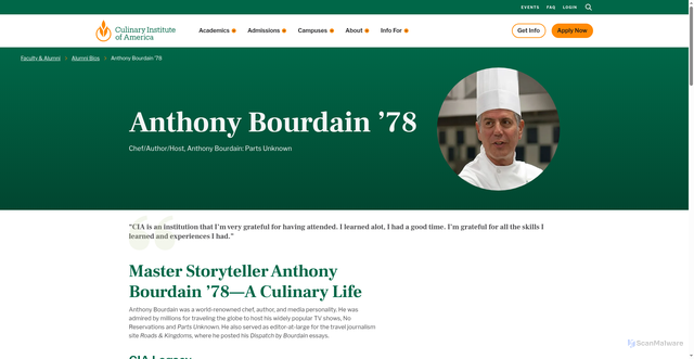 Security scan screenshot of https://www.ciachef.edu/cia-bios/anthony-bourdain/