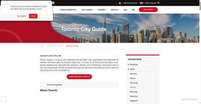 Security scan screenshot of https://canadianvisa.org/life-in-canada/cities/toronto