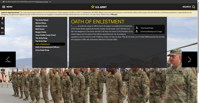 Security scan screenshot of https://www.army.mil/values/oath.html