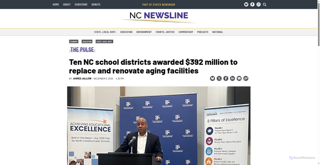 Security scan screenshot of https://ncnewsline.com/briefs/ten-nc-school-districts-awarded-392-million-to-replace-and-renovate-aging-facilities/
