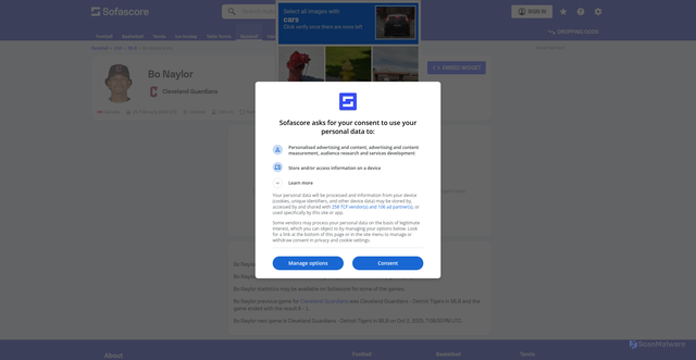 Security scan screenshot of https://www.sofascore.com/baseball/player/naylor-bo/980115