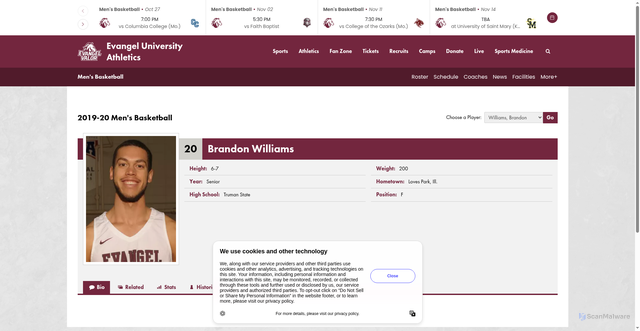 Security scan screenshot of https://evangelathletics.com/sports/mens-basketball/roster/brandon-williams/4227