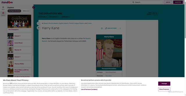 Security scan screenshot of https://the-champions.fandom.com/wiki/Harry_Kane