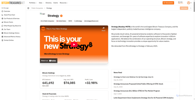 Security scan screenshot of https://bitcointreasuries.net/public-companies/microstrategy