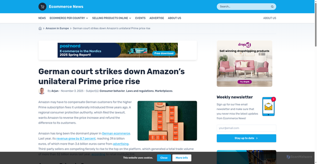 Security scan screenshot of https://ecommercenews.eu/german-court-strikes-down-amazons-unilateral-prime-price-rise/