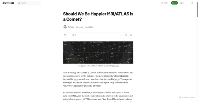 Security scan screenshot of https://avi-loeb.medium.com/should-we-be-happier-if-3i-atlas-is-a-comet-91b3f8e74f98