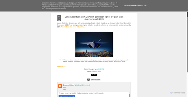Security scan screenshot of https://worlddefencenews.blogspot.com/2026/04/canada-could-join-gcap-sixth-generation.html?view=flipcard