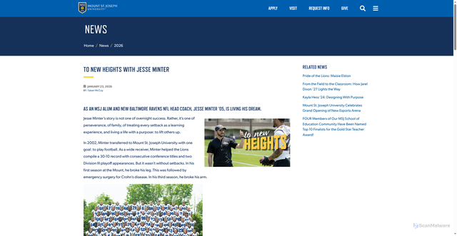 Security scan screenshot of https://www.msj.edu/news/2026/02/Pride-of-the-Lions-Jesse-Minter-nfl-head-coach.html