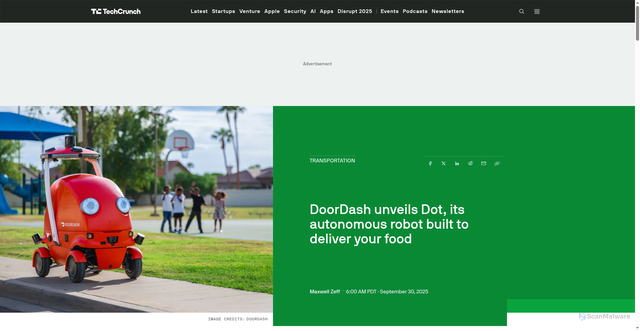 Security scan screenshot of https://techcrunch.com/2025/09/30/doordash-unveils-dot-its-autonomous-robot-built-to-deliver-your-food/