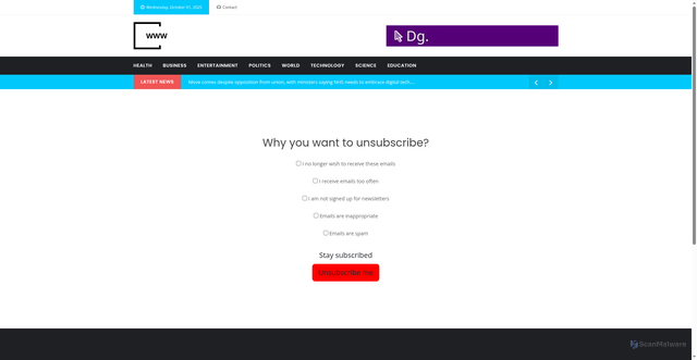 Security scan screenshot of https://www.singlespromo.com/unsubscribe?ID=1467-2549-1-DE