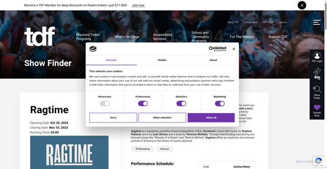 Security scan screenshot of https://www.tdf.org/shows/21712/ragtime