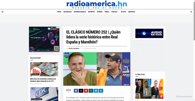 Security scan screenshot of https://www.radioamerica.hn/real-espana-marathon/