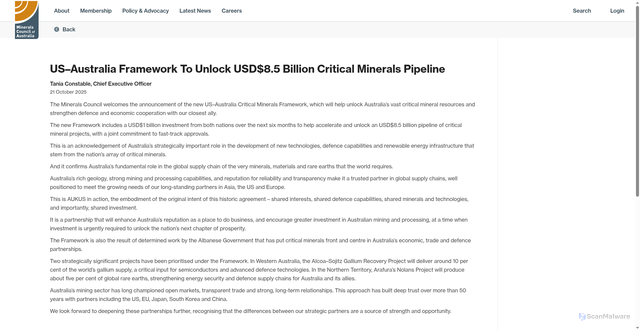 Security scan screenshot of https://minerals.org.au/resources/us-australia-framework-to-unlock-usd8-5-billion-critical-minerals-pipeline/