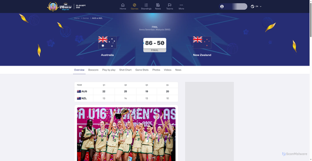 Security scan screenshot of https://www.fiba.basketball/en/events/fiba-u16-womens-asiacup-2025/games/126192-AUS-NZL