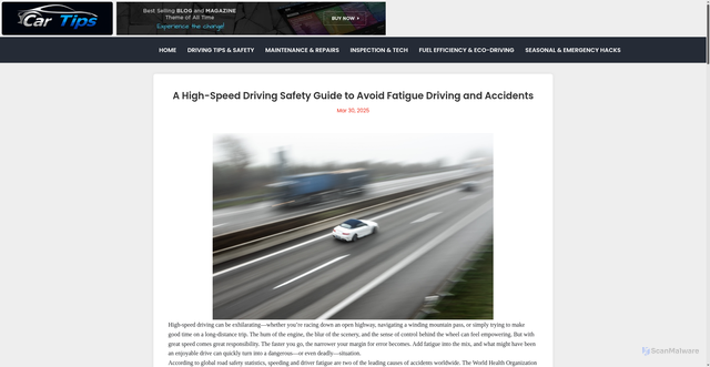 Security scan screenshot of http://car-tips-online.com/n/a-high-speed-driving-safety-guide-to-avoid-fatigue-driving-and-accidents