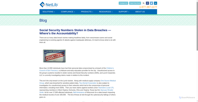 Security scan screenshot of https://netlibsecurity.com/blog/social-security-numbers-stolen-in-data-breaches-wheres-the-accountability/
