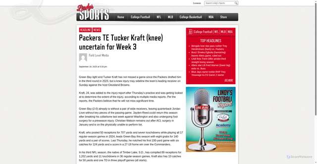 Security scan screenshot of https://lindyssports.com/headline/packers-te-tucker-kraft-knee-uncertain-for-week-3/