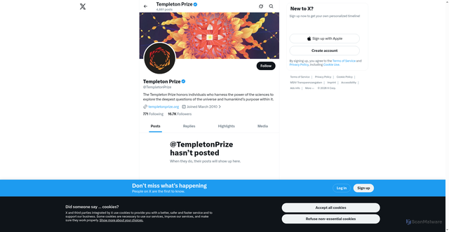 Security scan screenshot of https://x.com/templetonprize?utm_source=Receive+News+from+the+John+Templeton+Foundation&utm_campaign=7219dbb028-EMAIL_CAMPAIGN_2025_templetonprize-20251008_COPY_0&utm_medium=email&utm_term=0_-fc83279c7c-97355777