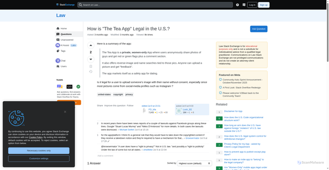 Security scan screenshot of https://law.stackexchange.com/questions/110224/how-is-the-tea-app-legal-in-the-u-s
