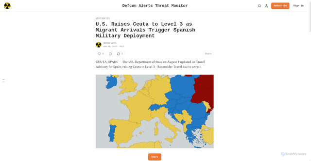Security scan screenshot of https://www.defconalerts.com/p/us-raises-ceuta-to-level-3-as-migrant